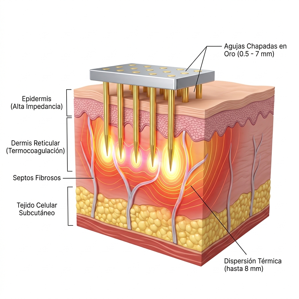 Diagrama biofísico 3D en corte anatómico transversal de la piel que muestra la penetración de microagujas chapadas en oro y la emisión de diatermia focalizada a 5 MHz en la dermis y tejido celular subcutáneo según la Ley de Joule.