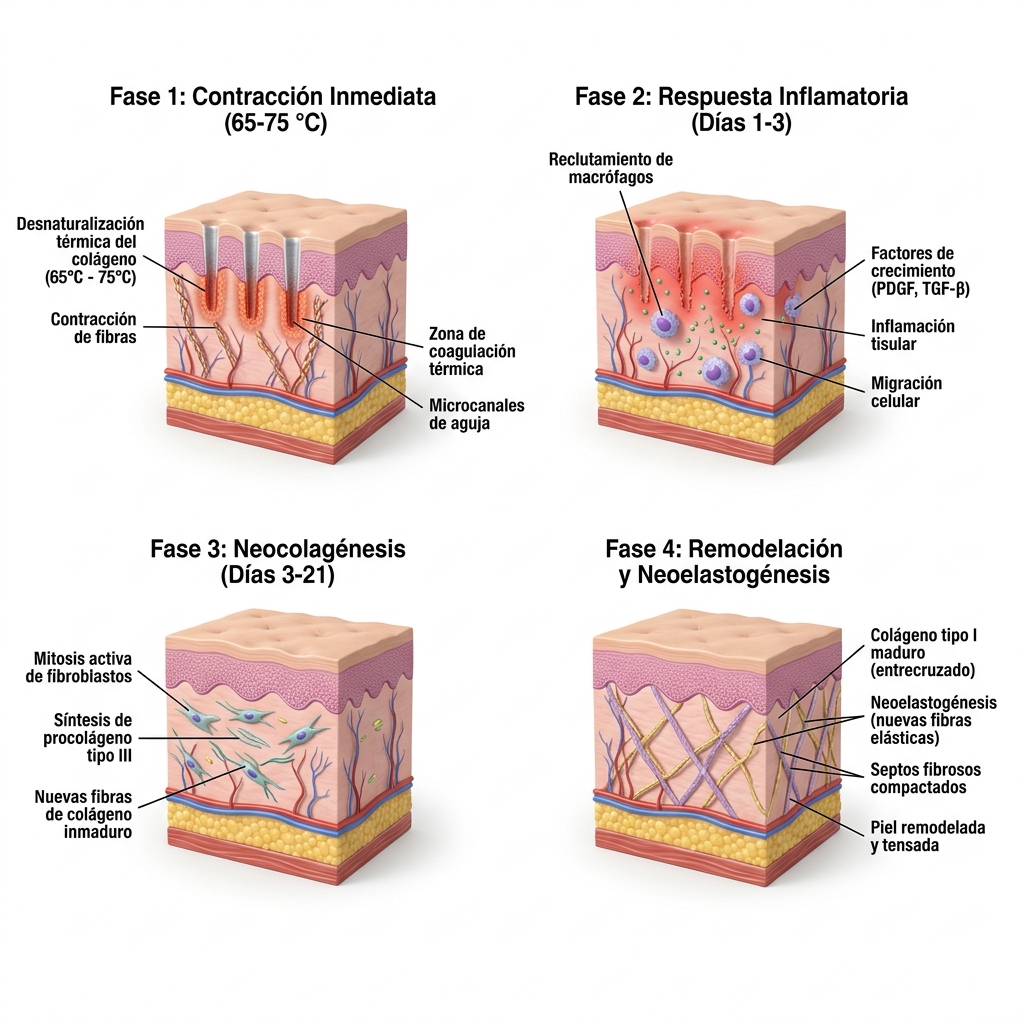 Infografía 3D de la cascada biológica de 4 fases que ilustra la desnaturalización de colágeno, inflamación, neocolagénesis y remodelación tisular.