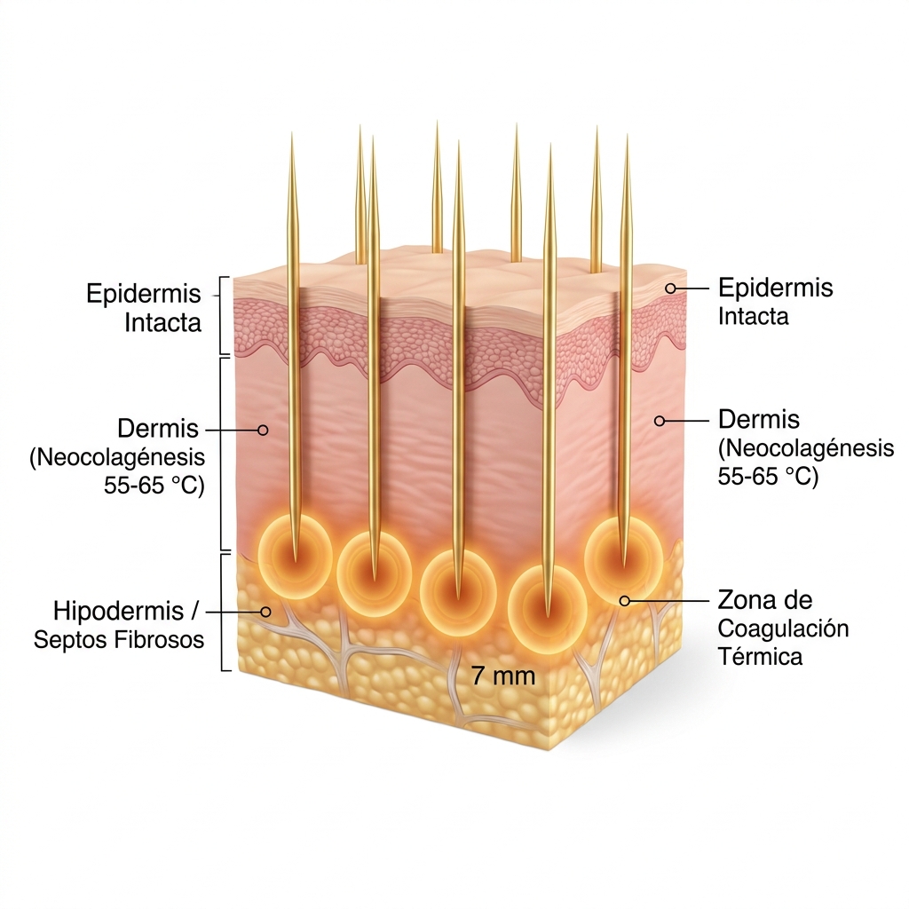 Diagrama 3D de corte transversal histológico de la piel que muestra la penetración de microagujas y las zonas térmicas de radiofrecuencia a 5 MHz.