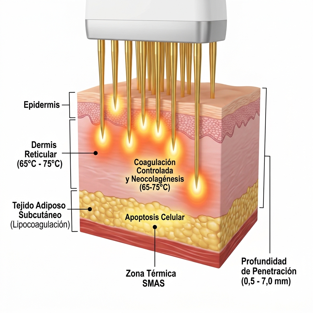 Corte histológico tridimensional mostrando la penetración de microagujas y las zonas térmicas de radiofrecuencia fraccionada en los diferentes estratos tisulares.