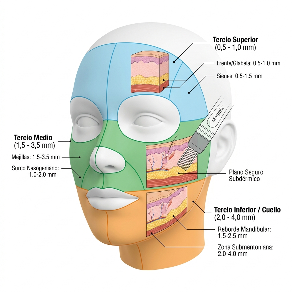 Diagrama de mapeo facial tridimensional con cartografía de profundidades seguras y cartuchos recomendados por tercios anatómicos.