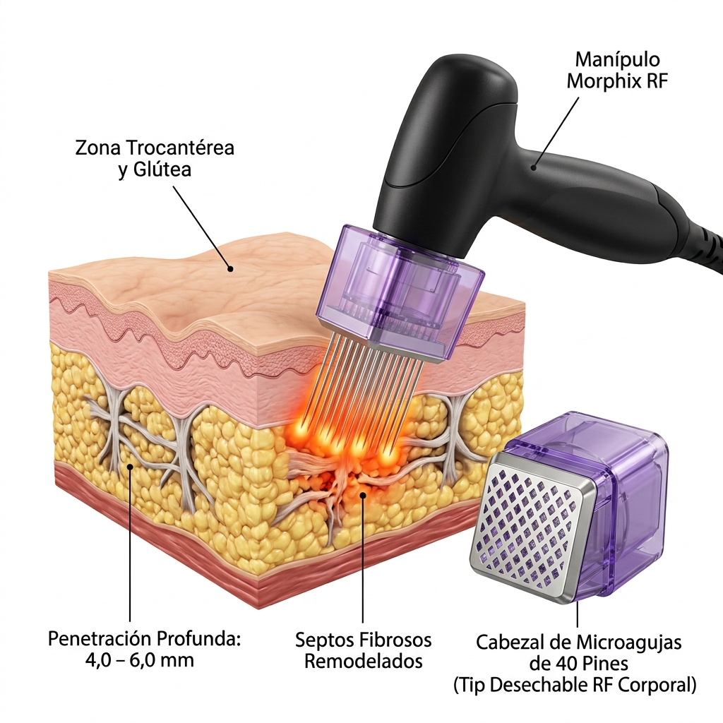 Esquema anatómico 3D de septos fibrosos en tejido glúteo y trocantéreo con ablación por RF a 6,0 mm.