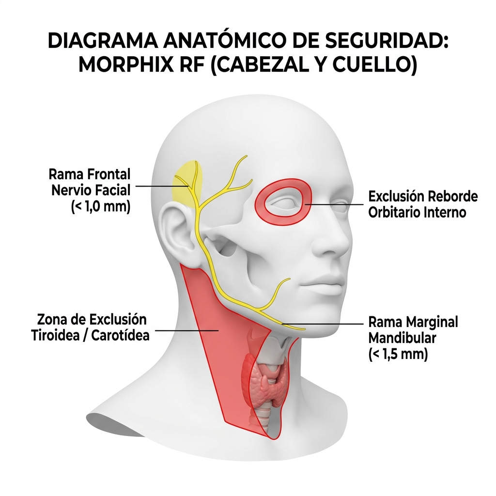 Diagrama de zonificación facial y cervical resaltando las zonas críticas de exclusión anatómica y trayectos de nervios faciales.