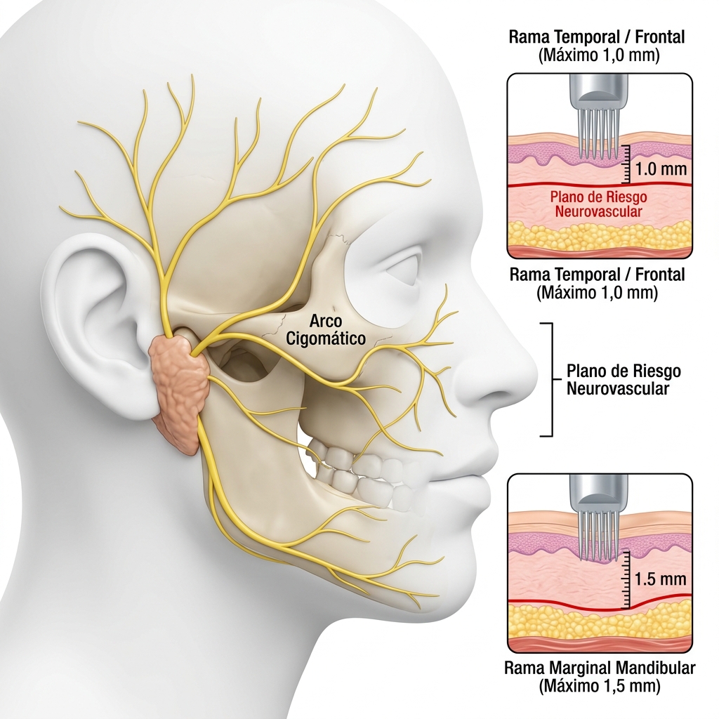 Render anatómico detallado de las ramas temporal y marginal mandibular del nervio facial y su correlación de profundidad segura.