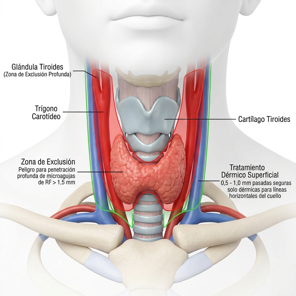 Esquema anatómico anterior de cuello mostrando el trígono carotídeo y cartílago tiroides como zona de exclusión profunda.