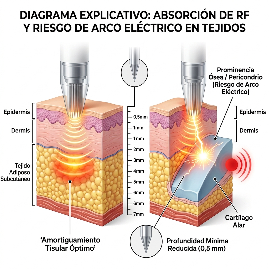 Diagrama de amortiguamiento tisular vs prominencias óseas y cartilaginosas que ilustra el riesgo de descarga perióstica.