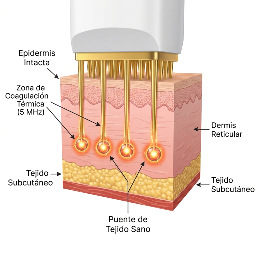 Corte transversal 3D de capas de la piel mostrando la penetración de microagujas y la coagulación térmica fraccionada a 5 MHz en dermis y tejido celular subcutáneo.