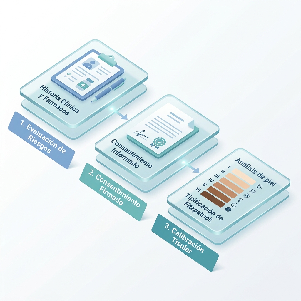 Diagrama de flujo clínico en 3D con iconos biomédicos vectoriales ilustrando el protocolo de anamnesis dermatológica y consentimiento.