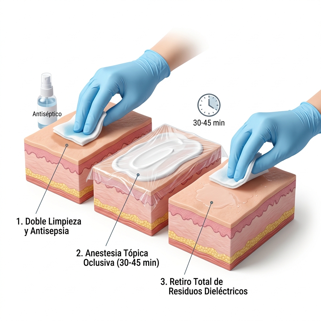 Esquema 3D paso a paso de la preparación cutánea: limpieza syndet, desinfección con clorhexidina y retiro de anestesia tópica.