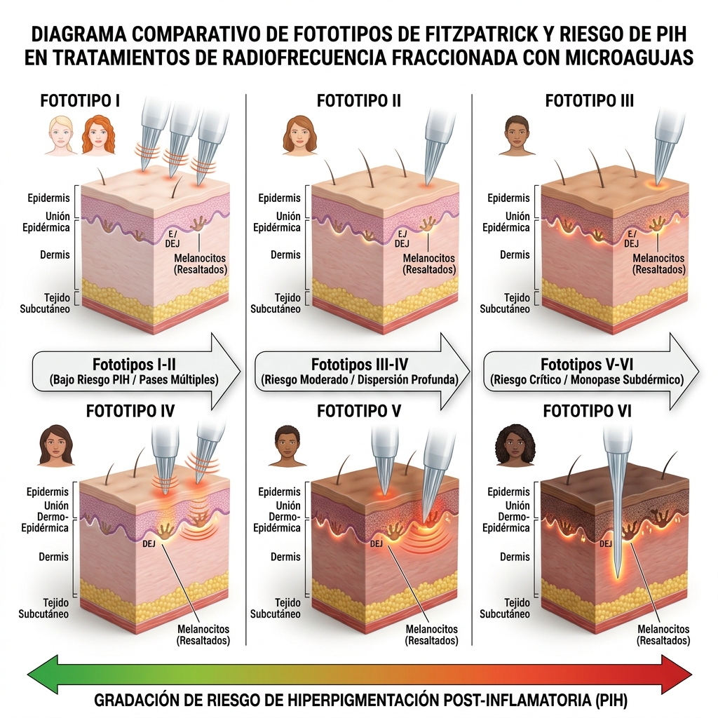 Diagrama anatómico comparativo 3D de la escala Fitzpatrick mostrando el gradiente de riesgo de PIH y la profundidad de emisión RF.