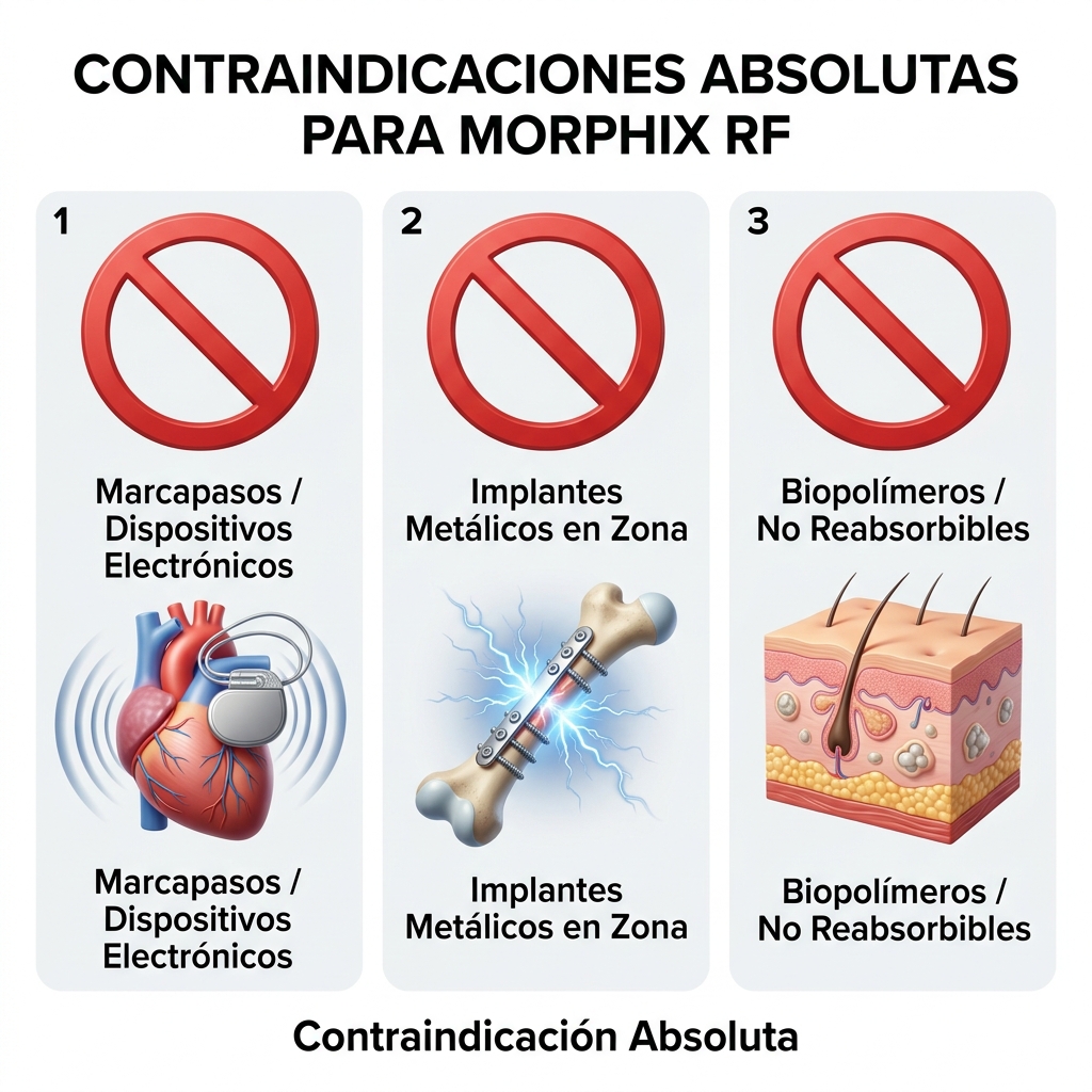 Diagrama conceptual 3D con señales de advertencia biomédica sobre contraindicaciones absolutas de RF con microagujas.