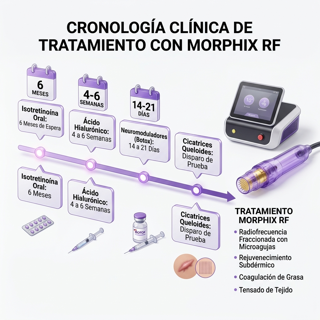 Línea de tiempo médica 3D con periodos de espera de seguridad para isotretinoína, toxina botulínica y rellenos dérmicos.