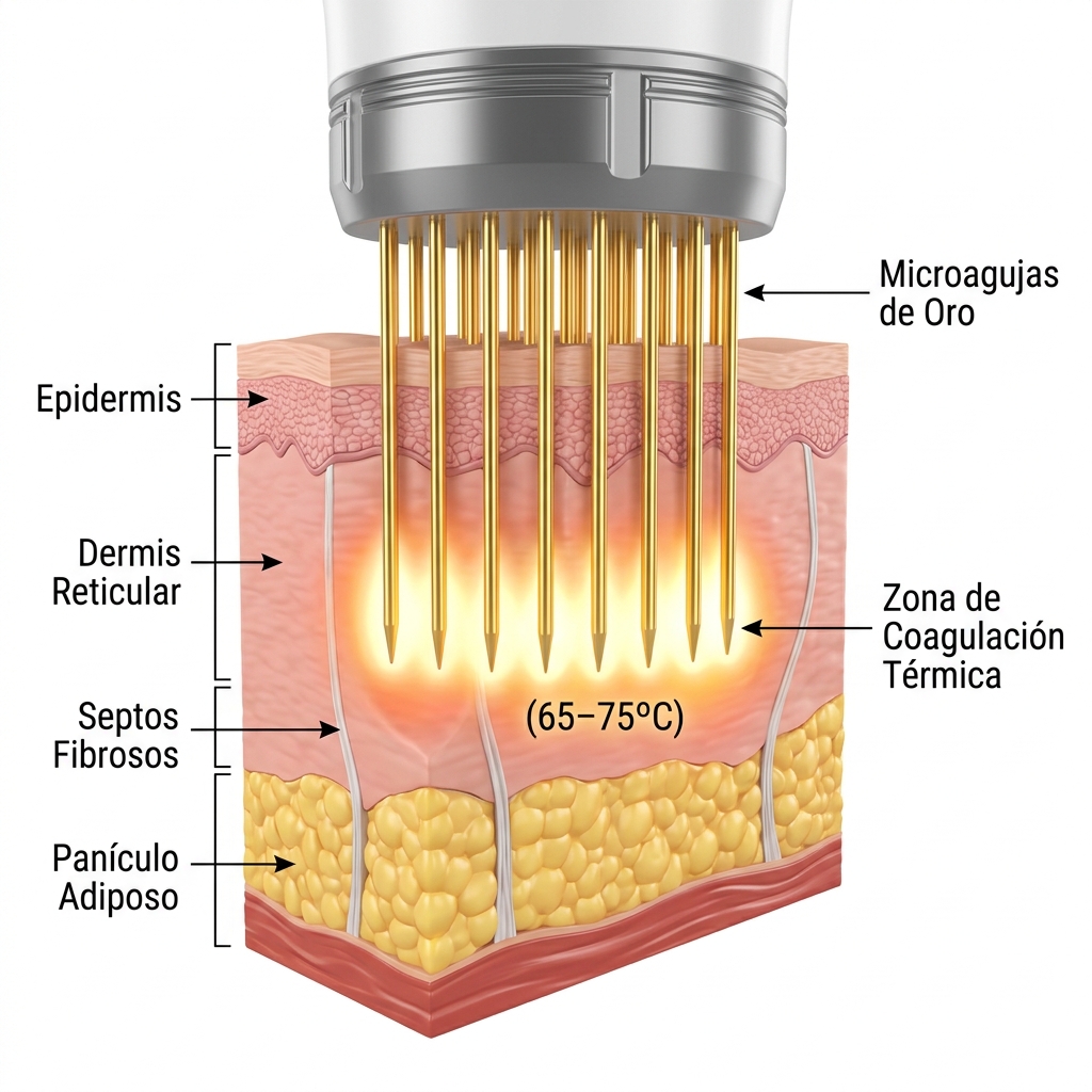 Corte transversal 3D anatómico que ilustra la penetración de microagujas de oro en la dermis y tejido celular subcutáneo, emitiendo radiofrecuencia a 5 MHz y generando zonas térmicas de coagulación.