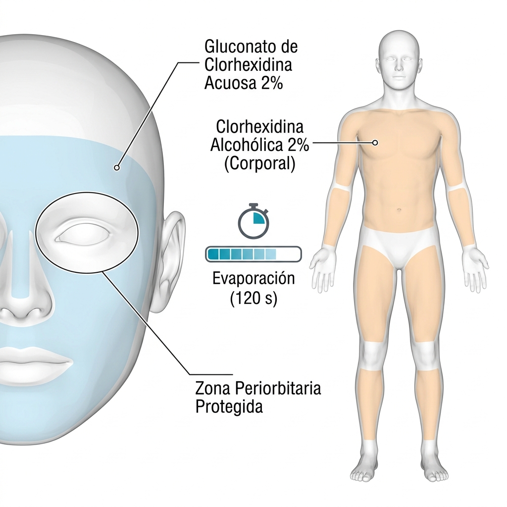 Diagrama de protocolo de asepsia facial y corporal con tiempos de secado y antisépticos.