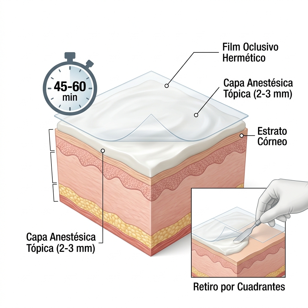 Esquema anatómico en corte de aplicación de capa anestésica de 2-3 mm con film oclusivo.