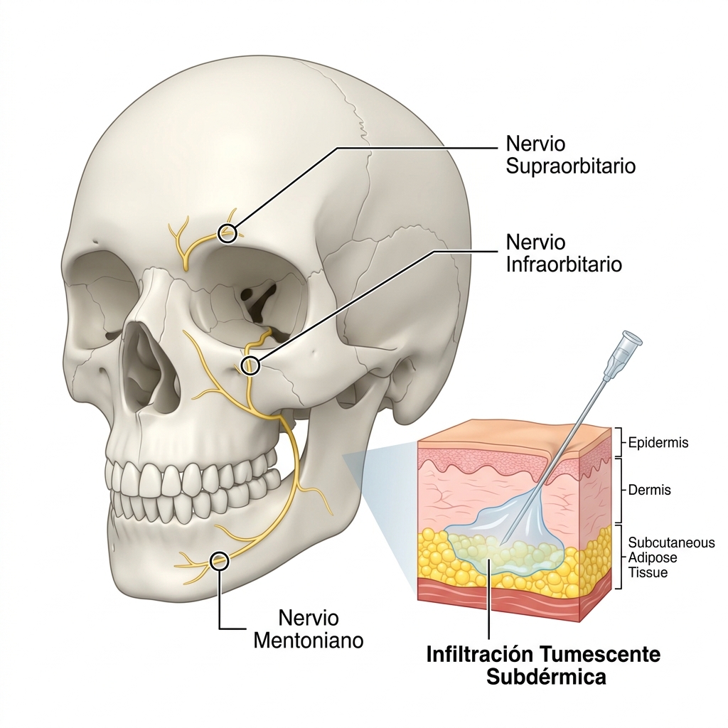 Diagrama anatómico facial y corporal de puntos de punción para bloqueo nervioso e infiltración de solución tumescente de Klein.