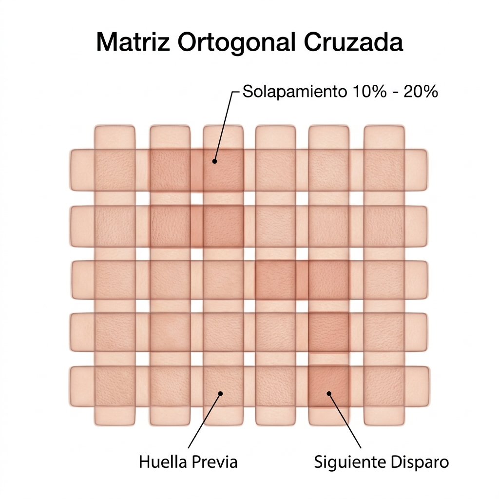 Esquema geométrico en cuadrícula mostrando el solapamiento del 10% al 20% en matriz ortogonal.