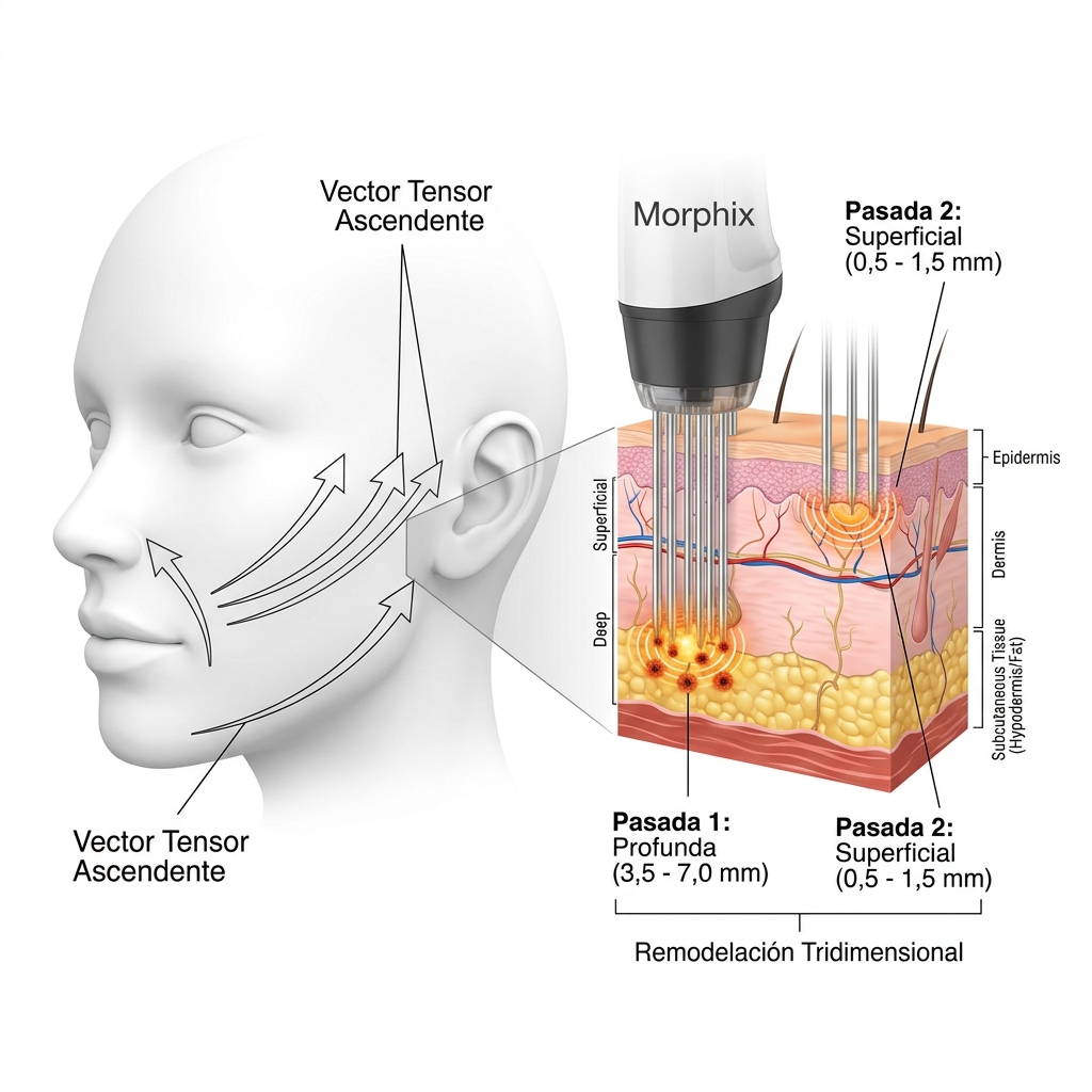 Diagrama facial y corporal de vectores tensores y estrategia de dos pasadas multicapa.