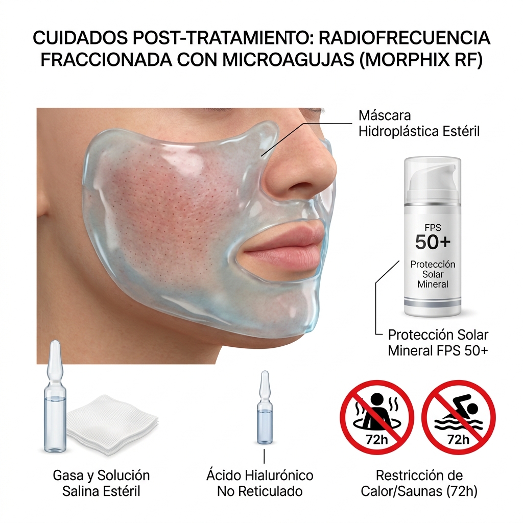 Diagrama de cuidados post-tratamiento incluyendo fotoprotección mineral FPS 50+ y máscara hidroplástica.
