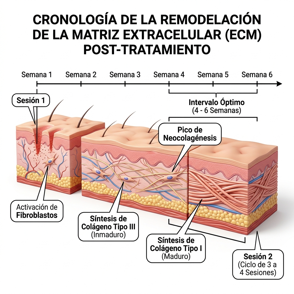 Línea de tiempo biológica de 4 a 6 semanas explicando la remodelación de la matriz extracelular entre sesiones.