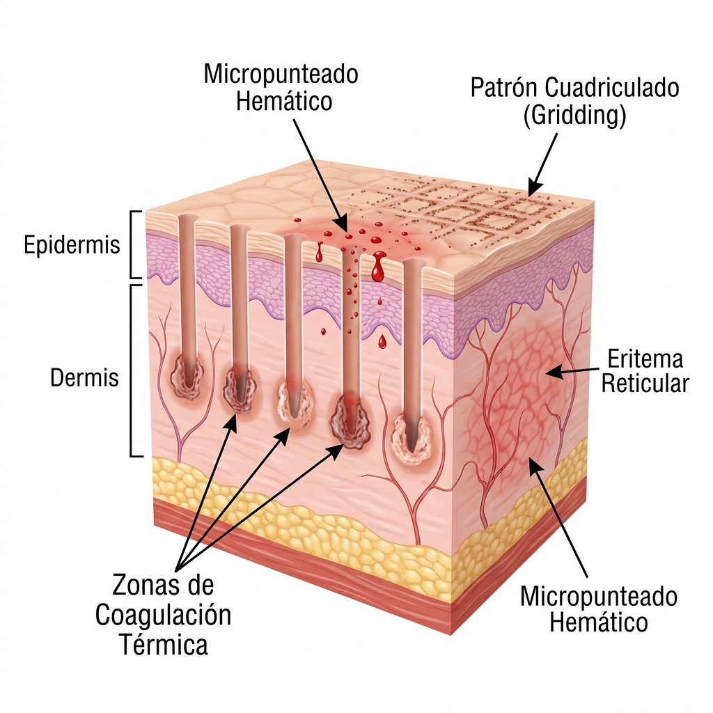 Corte transversal 3D de la piel mostrando las respuestas tisulares inmediatas: eritema, microcanales coagulados, micropunteado hemático y patrón cuadriculado.