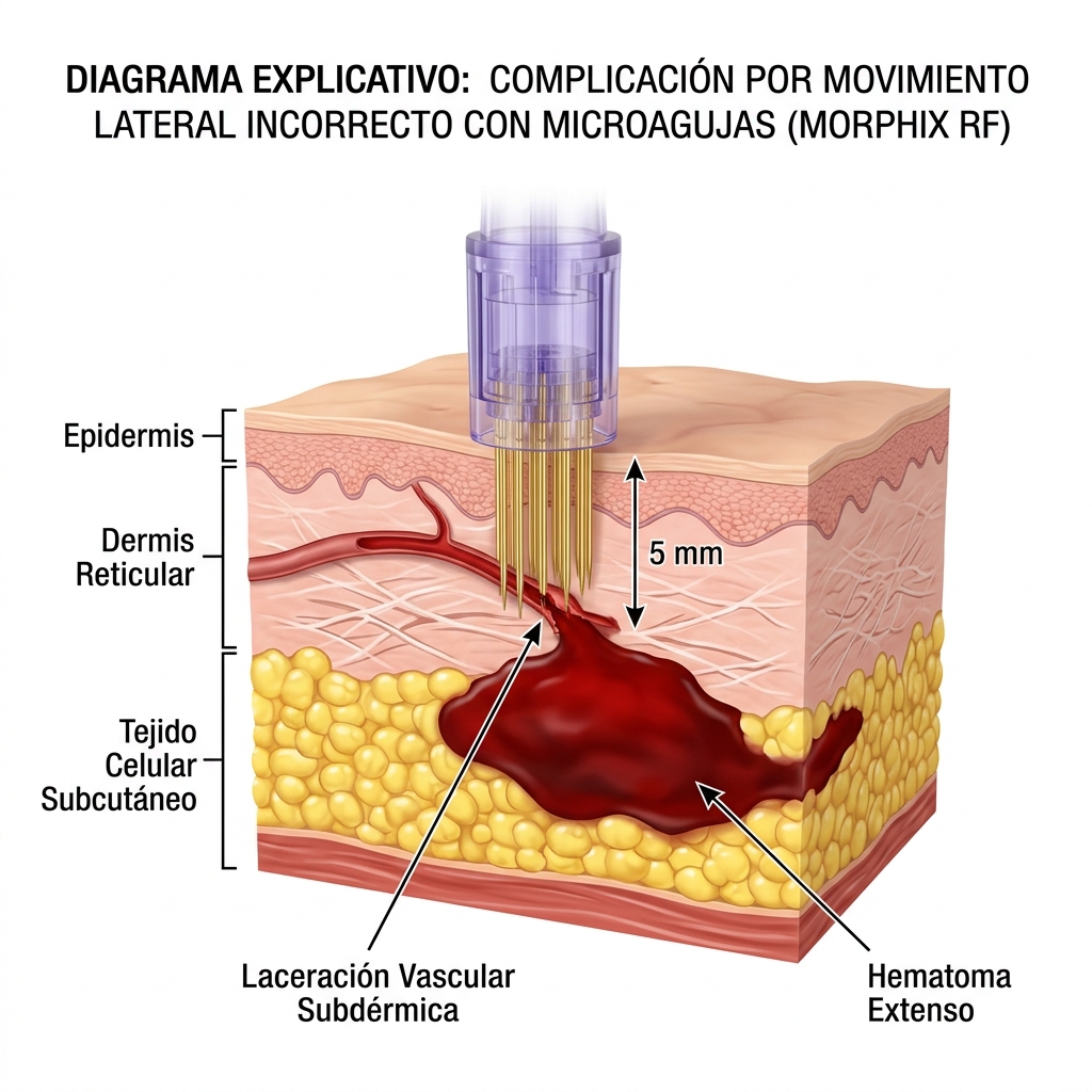 Esquema 3D en corte profundo mostrando la laceración vascular subdérmica y extravasación hemática por tracción inadecuada con agujas desplegadas.
