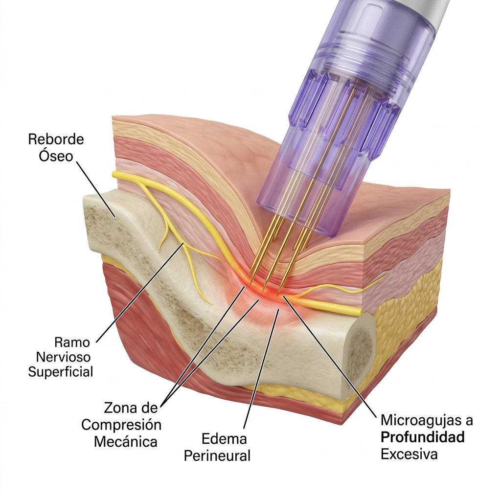 Diagrama anatómico 3D de planos tisulares sobre reborde óseo facial mostrando la compresión de ramas nerviosas superficiales.