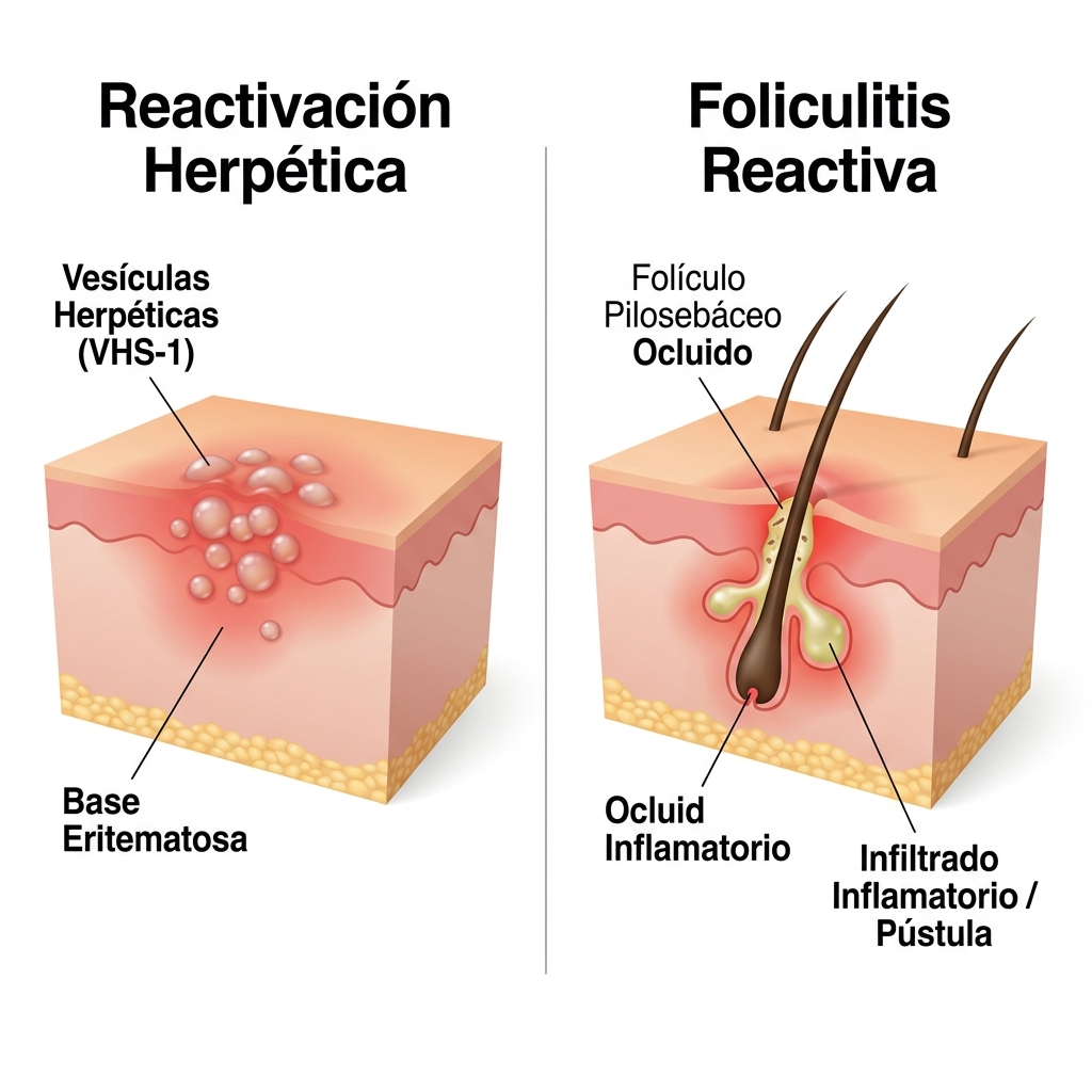 Render médico 3D comparativo de vesículas herpéticas periorales versus pápulo-pústulas de foliculitis en corte tisular.