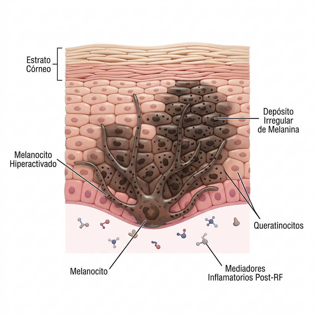 Ilustración celular 3D de la capa basal epidérmica mostrando melanocitos hiperactivados sintetizando melanina hacia los queratinocitos.