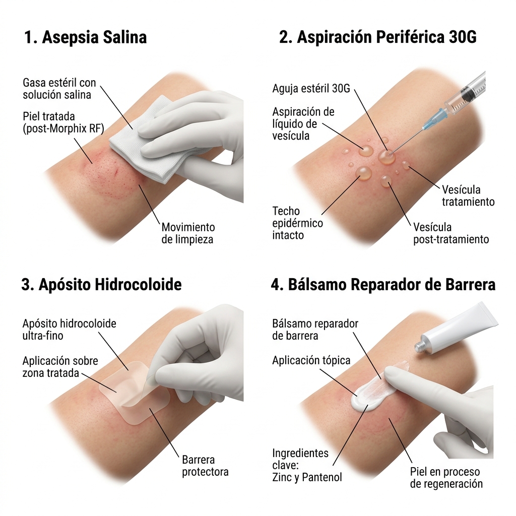 Infografía técnica 3D de los 4 pasos del protocolo de aspiración estéril de flictenas y colocación de apósito hidrocoloide.