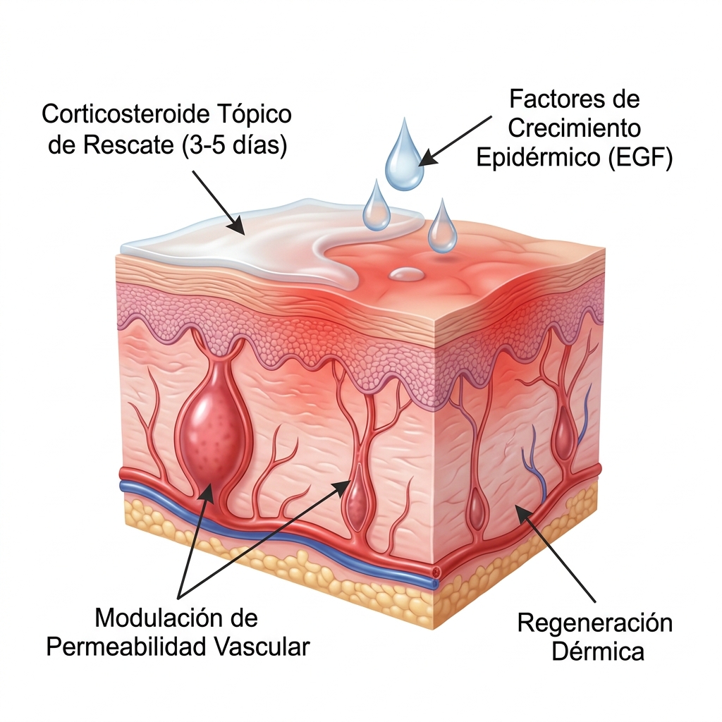 Esquema 3D médico de aplicación tópica controlada de corticoterapia y factores de crecimiento (EGF) sobre eritema persistente.