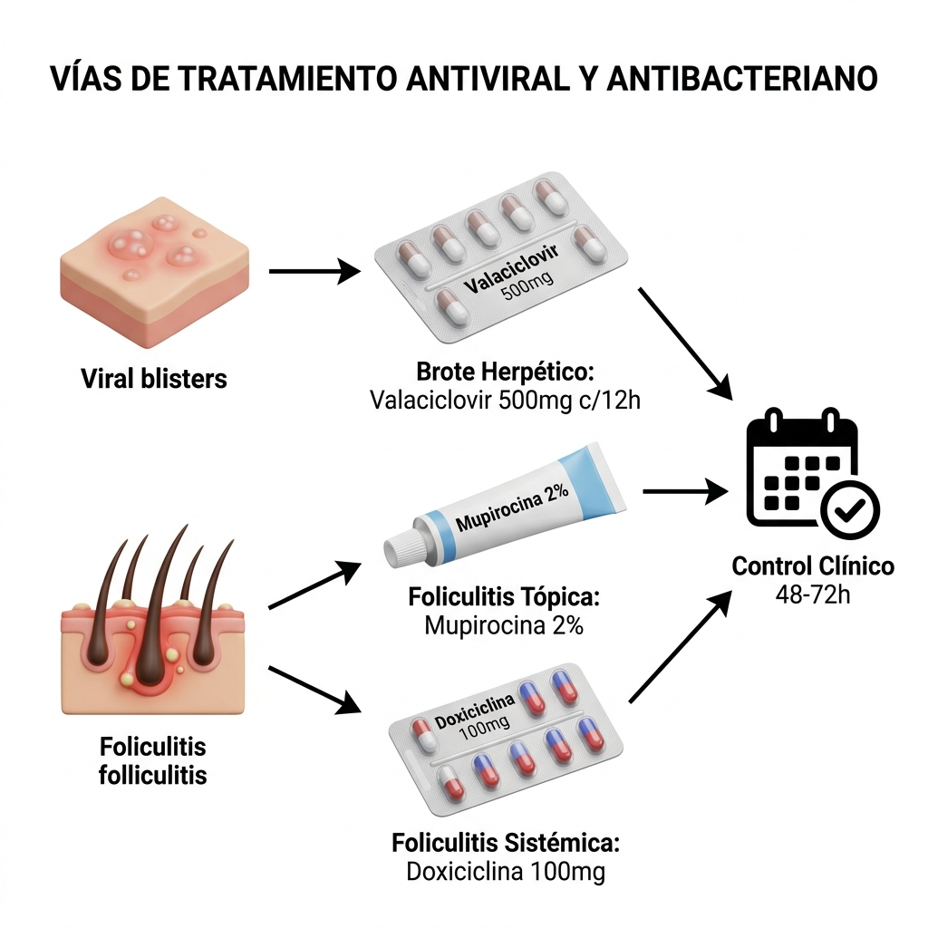 Render 3D farmacológico y clínico del algoritmo terapéutico para brote herpético y foliculitis bacteriana post-RF.
