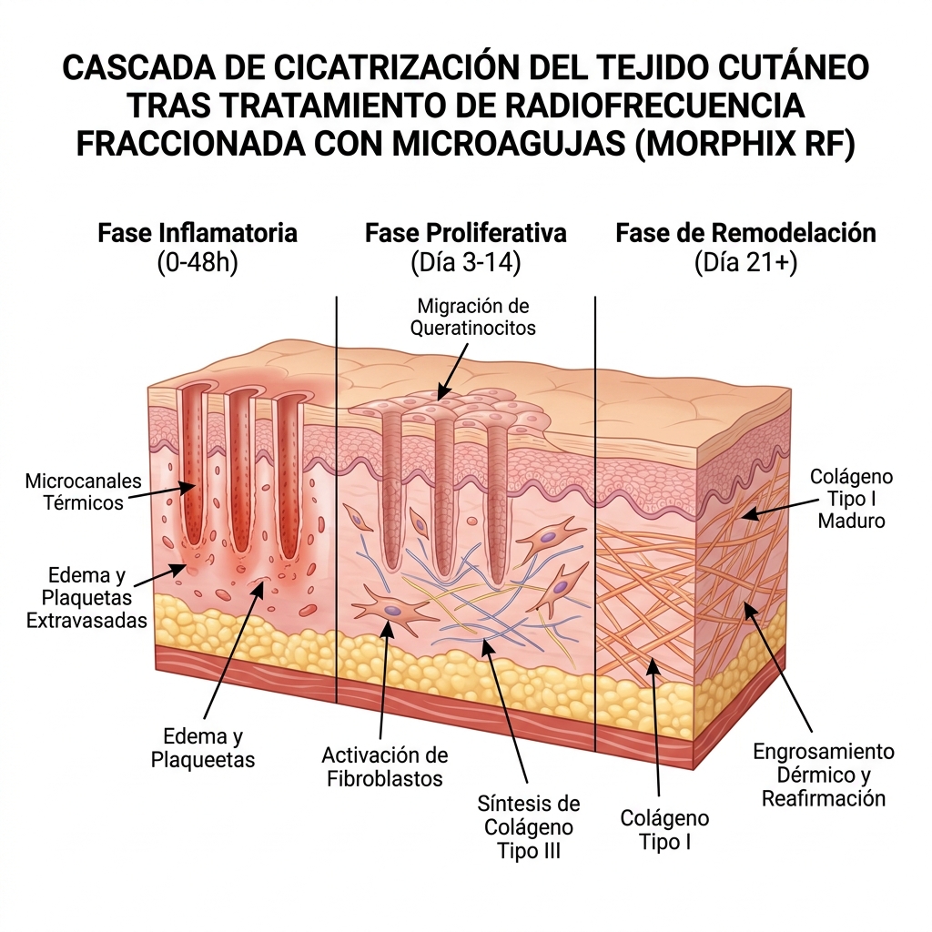 Diagrama de corte transversal 3D de la piel mostrando las 3 fases biológicas de cicatrización y remodelación tras la penetración de microelectrodos RF.