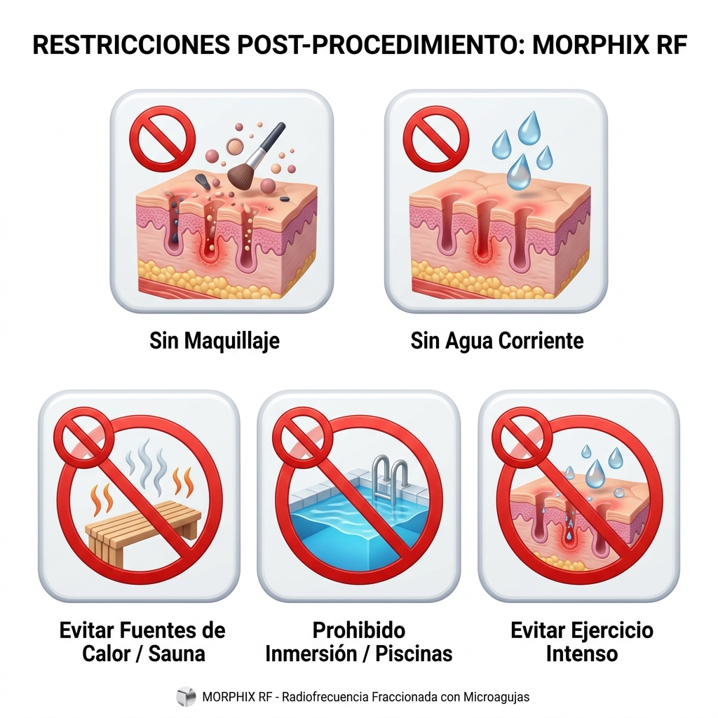 Infografía clínica 3D de advertencia y restricciones estrictas durante las primeras 24-48 horas post-tratamiento.