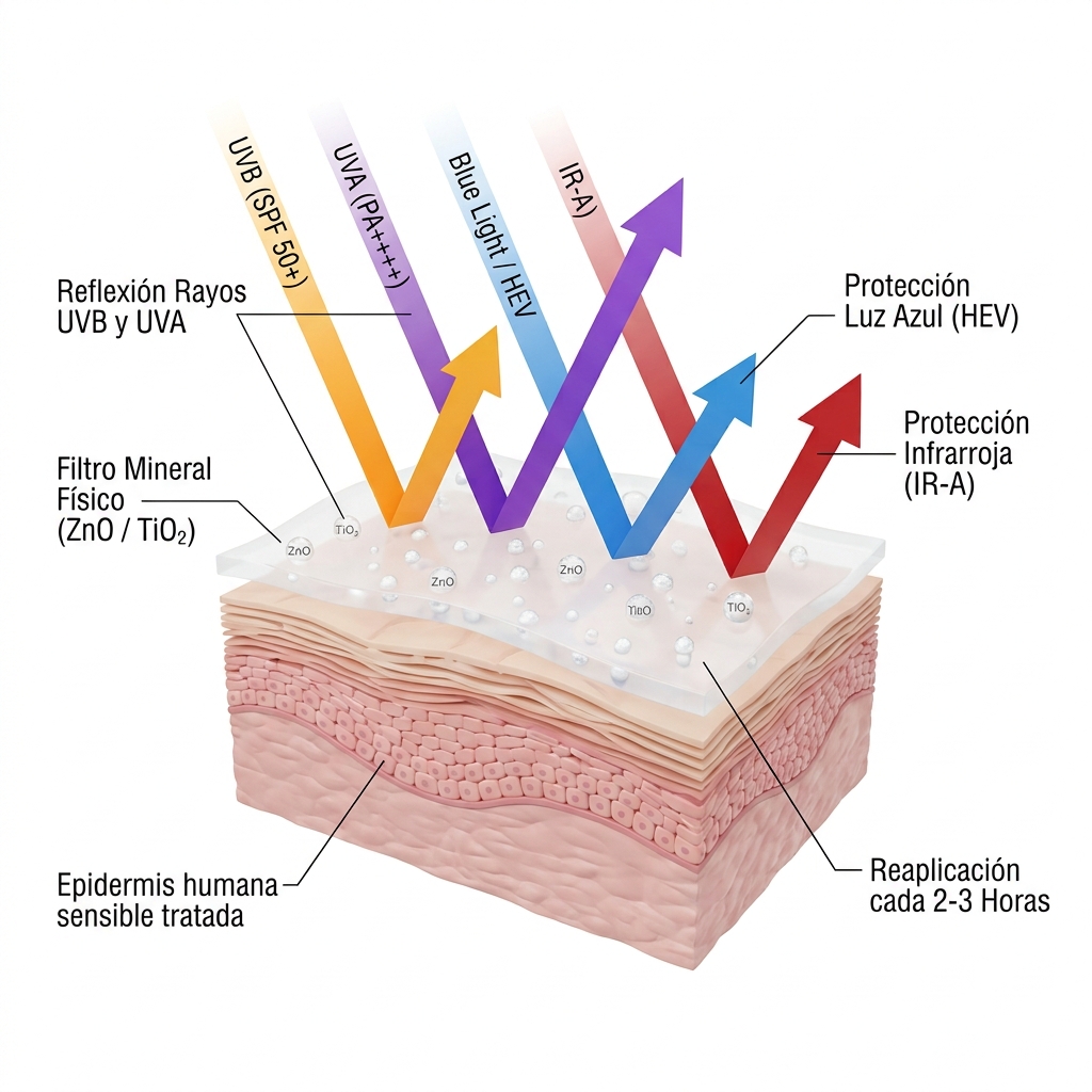 Diagrama 3D del escudo de fotoprotección mineral física bloqueando radiación UVA, UVB, luz azul e infrarrojos sobre la piel tratada.
