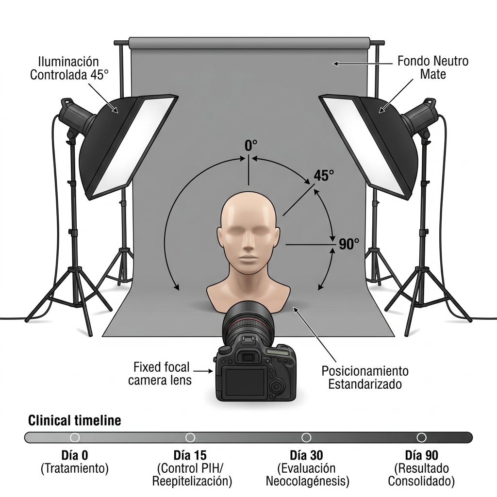 Esquema técnico 3D del estudio de fotografía médica estandarizada mostrando ángulos faciales de 0°, 45° y 90° con iluminación de estudio.