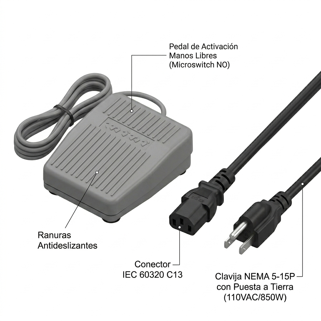Accesorios periféricos: Pedal de activación electromecánico y cable de alimentación AC