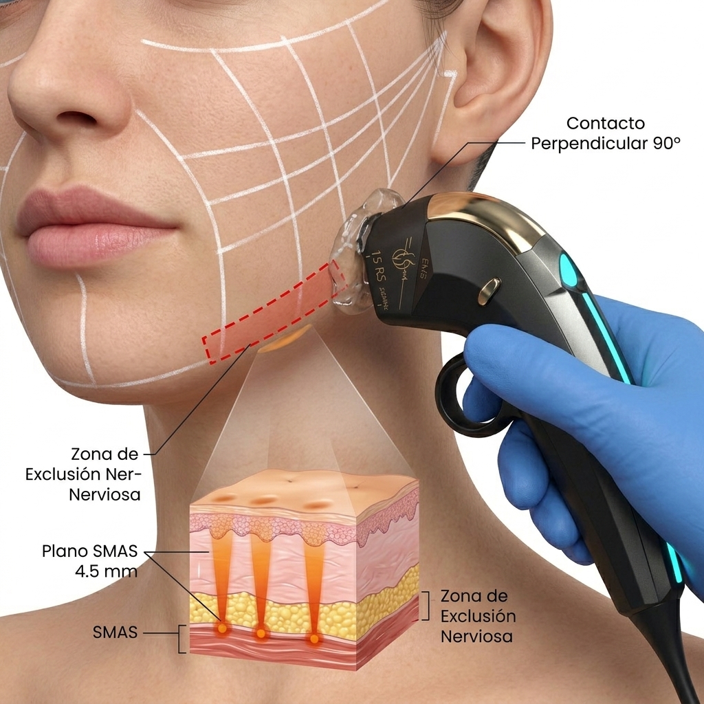 Maniobra clínica activa de disparo a 90° con el cartucho 4.5 mm en el vector mandibular y cigomático.