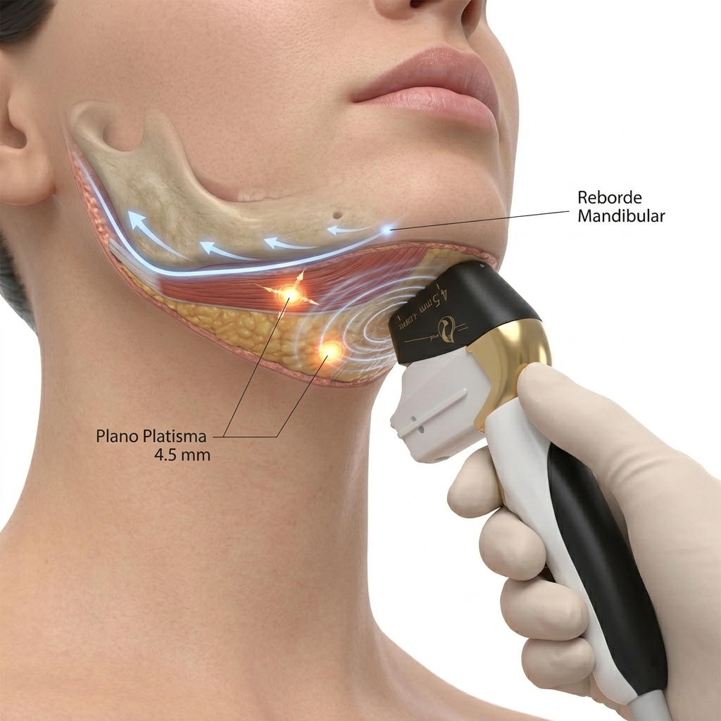 Esquema de aplicación en ángulo submentoniano y línea mandibular con manípulo y cartuchos multiestrato.