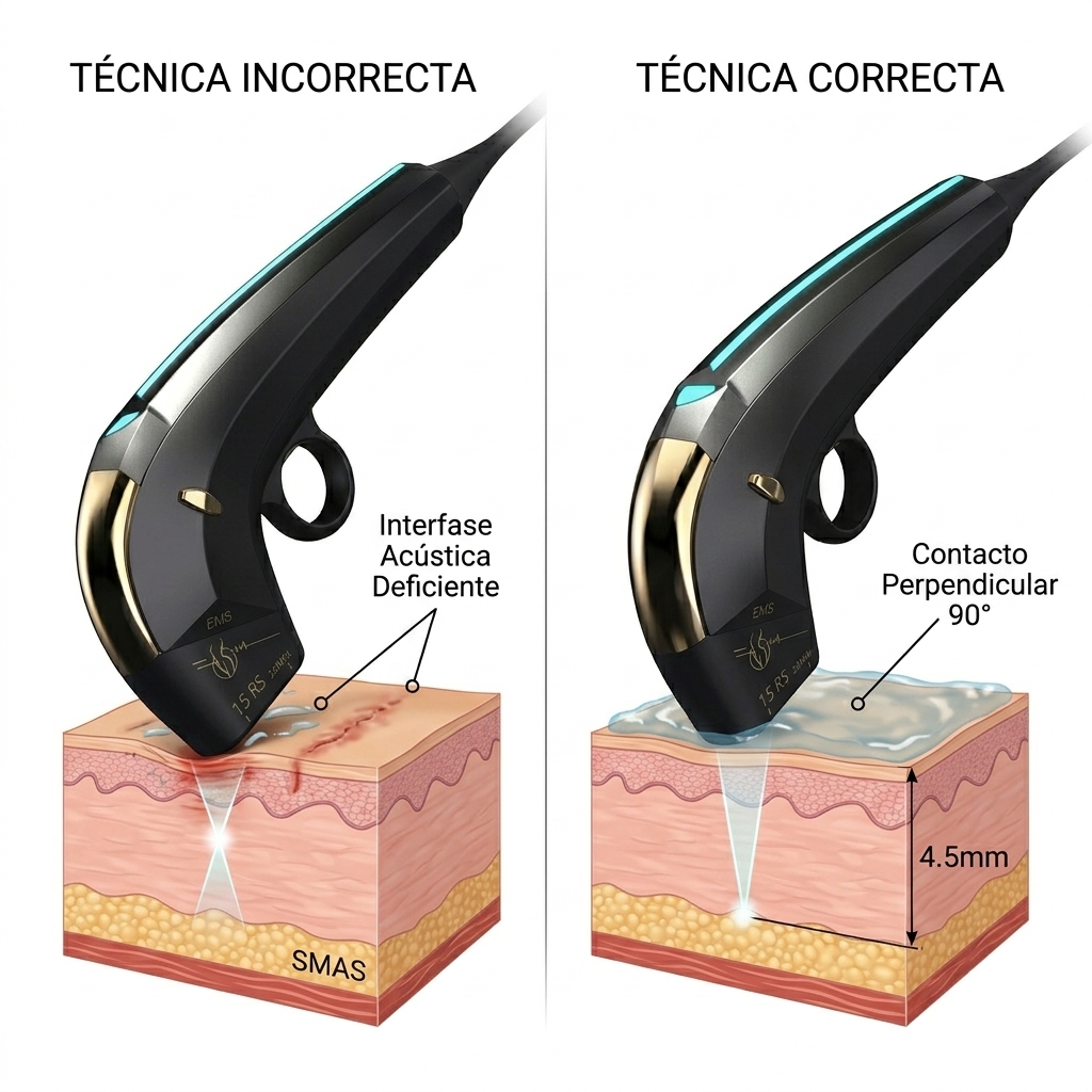 Mecanismo de falla técnica por ángulo incorrecto y falta de gel conductor con el Manípulo 15 RS, produciendo quemaduras lineales.