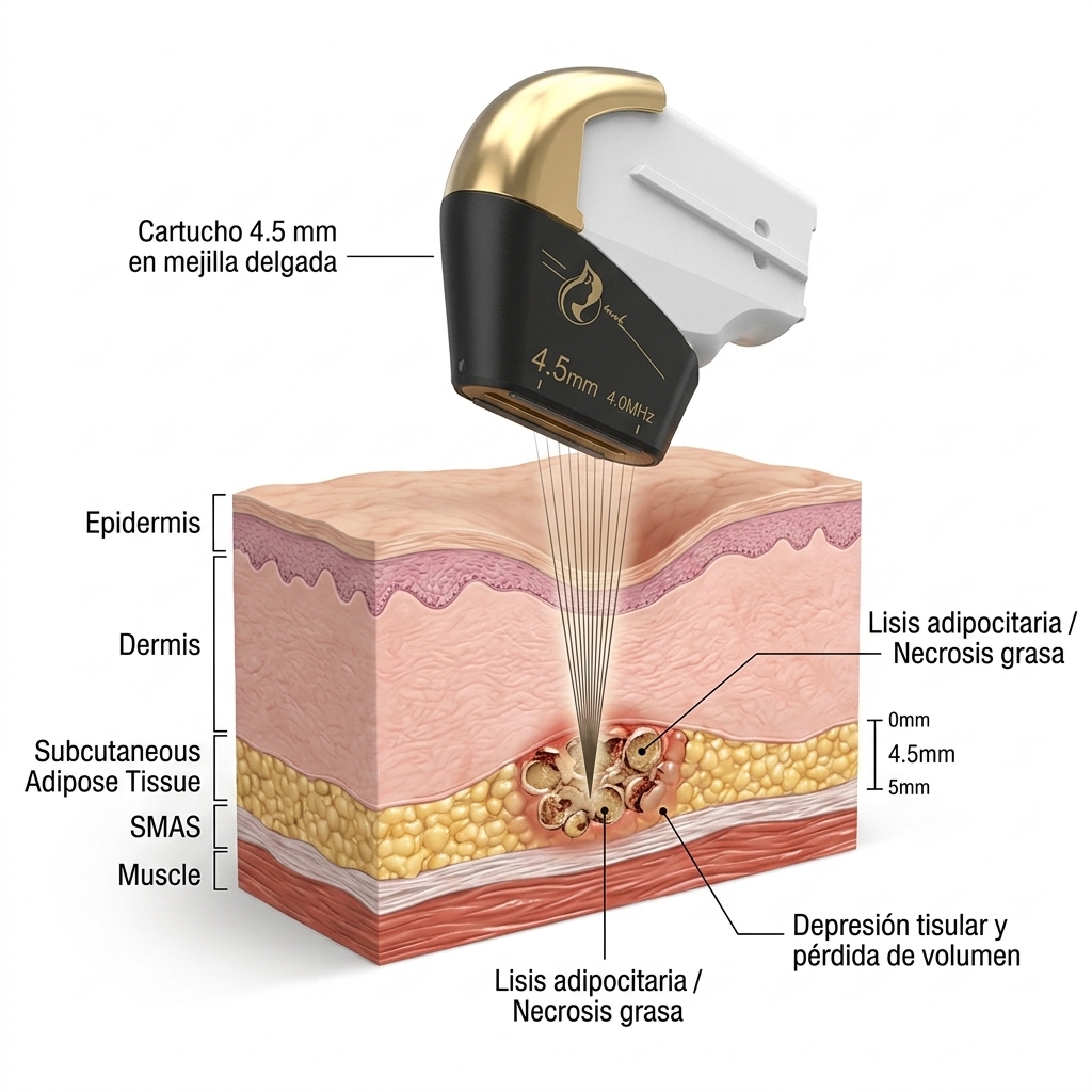Diagrama de atrofia del panículo adiposo en biotipo facial delgado al aplicar cartucho profundo de 4.5mm.