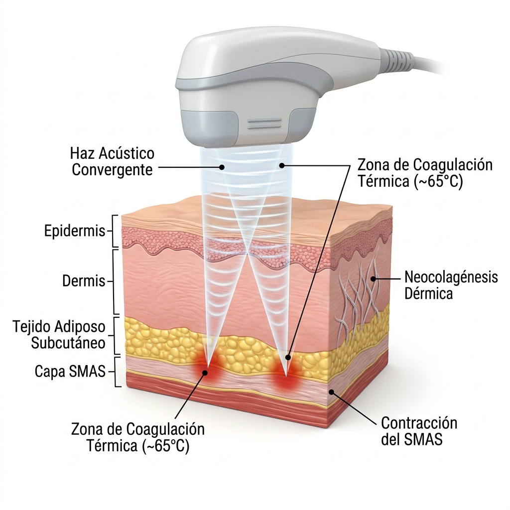 Diagrama biofísico de propagación de ondas HIFU convergiendo a 65°C en el SMAS y tejido adiposo