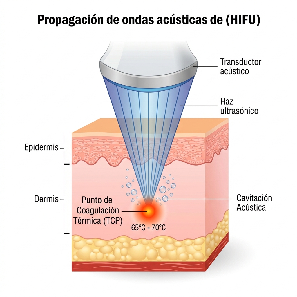 Diagrama biofísico del haz acústico cóncavo convergiendo a través de capas dérmicas y formando el Punto de Coagulación Térmica (TCP) con efecto térmico y cavitación.