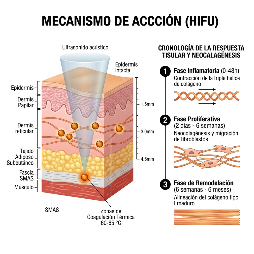 Diagrama de sección transversal de la piel mostrando el mecanismo de acción de las Micro Zonas de Coagulación Térmica (TCP) a 60-65 °C y las tres fases de remodelación del colágeno.