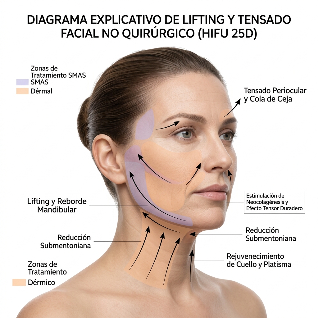 Mapa anatómico de vectores de tracción y áreas clínicas faciales para tratamiento con ultrasonido focalizado.