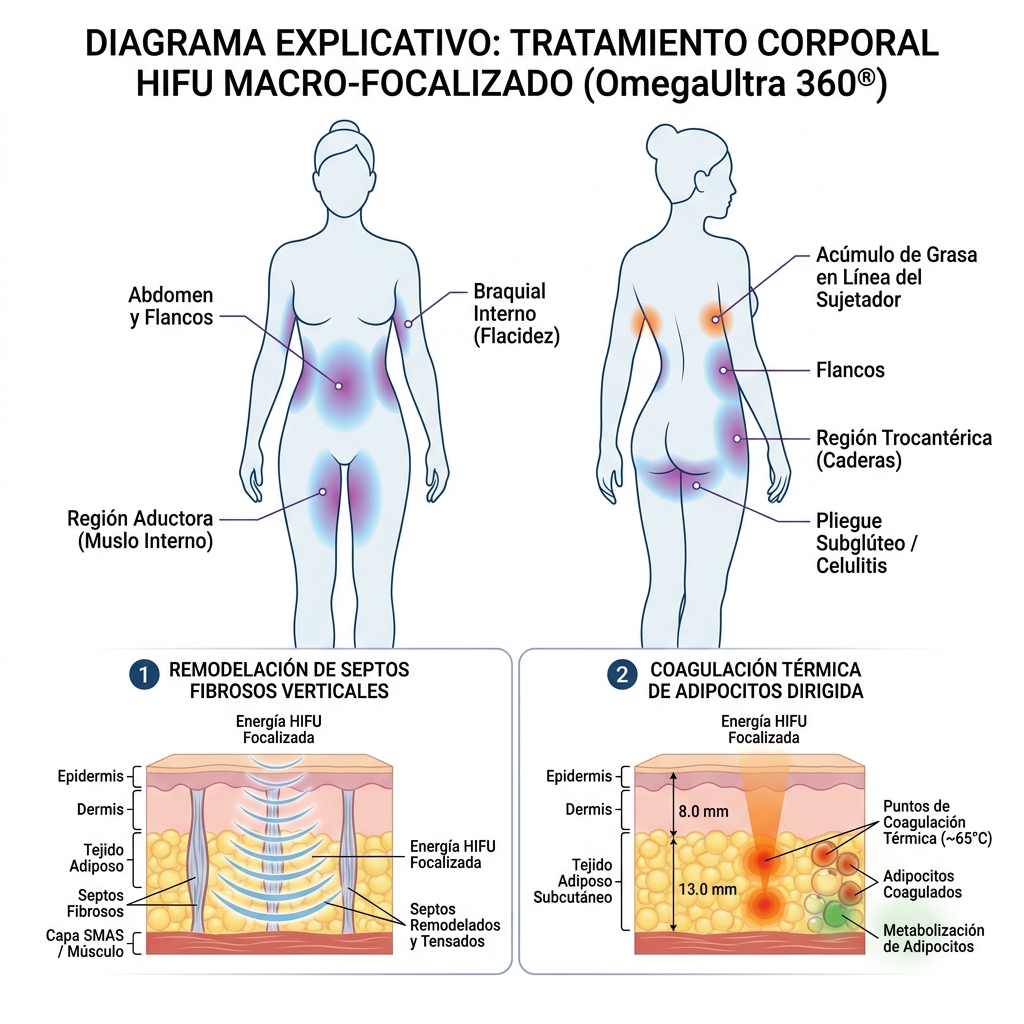 Diagrama anatómico de silueta corporal femenina mostrando las zonas diana de reducción de grasa y tensado.