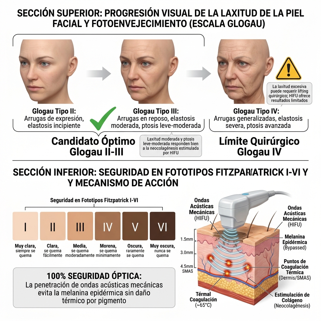 Infografía comparativa de la escala de fotoenvejecimiento de Glogau y la aplicabilidad segura en fototipos de Fitzpatrick I-VI.