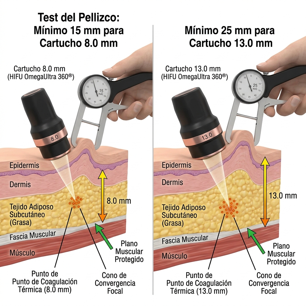 Esquema clínico del Test del Pellizco (Pinch Test) con calibrador cutáneo para cartuchos corporales de 8.0 mm y 13.0 mm.