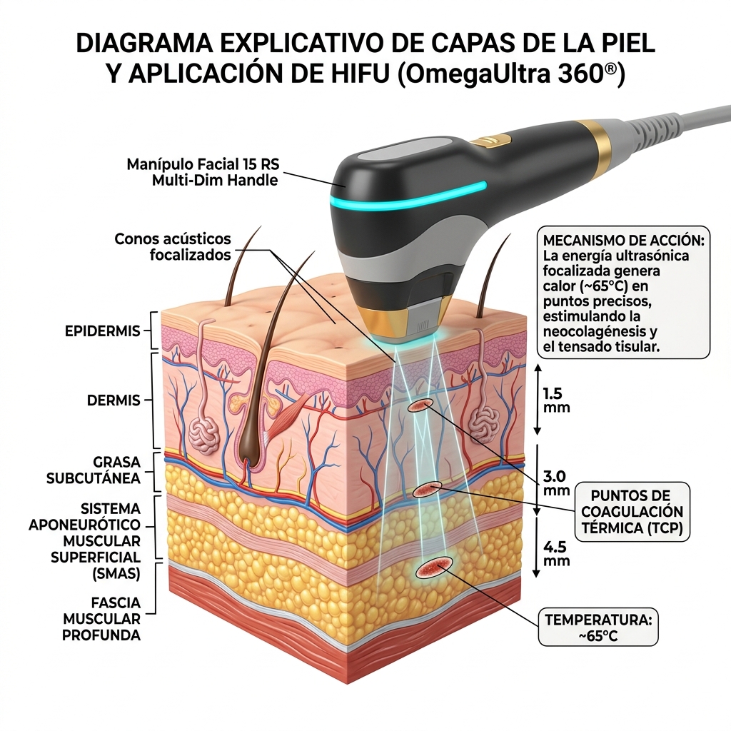 Diagrama de sección transversal de la piel mostrando los puntos de coagulación térmica (TCP) a diferentes profundidades