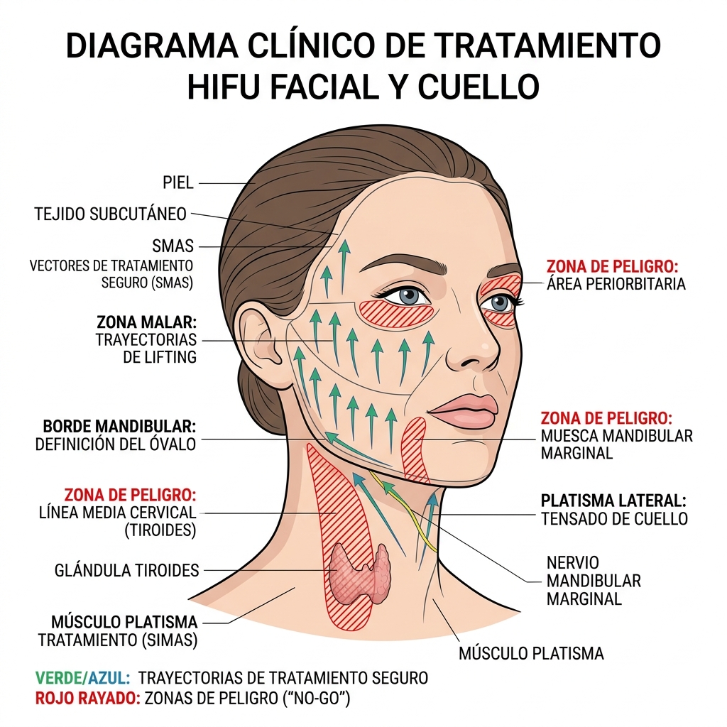 Mapa facial y cervical completo con vectores tensores de tratamiento y zonas de exclusión anatómica
